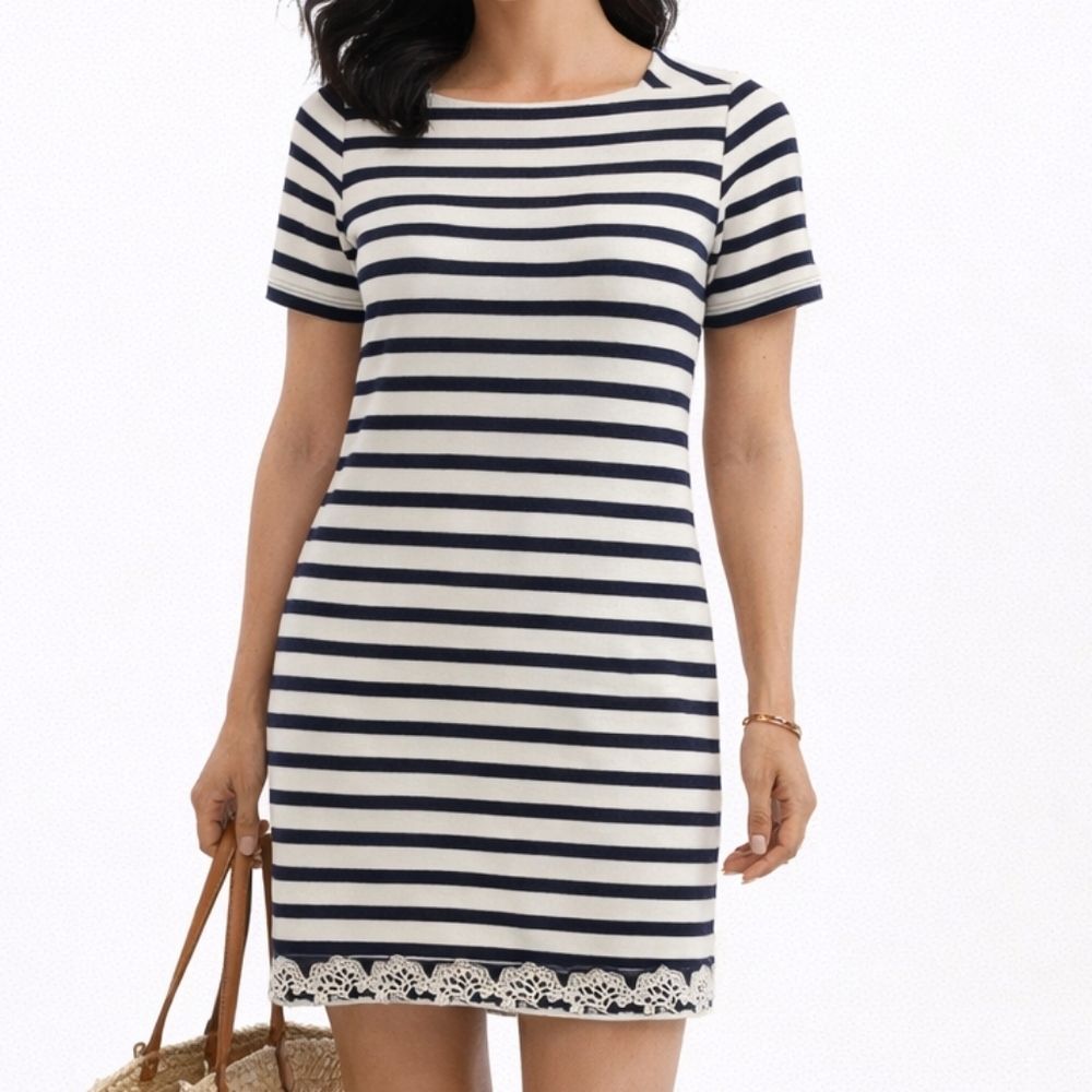 Talbots Black White Striped Sailor Shift Dress Small Petite Preppy Nautical SP